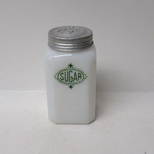 McKee Kitchen Glass Green Shield Square 4 1/2 Inch Sugar Shaker, Original Lid